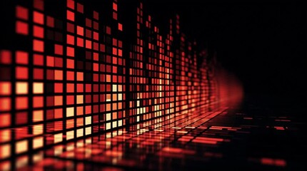 Vibrant red and orange squares form a dynamic wave pattern against a dark background creating an abstract digital art piece
