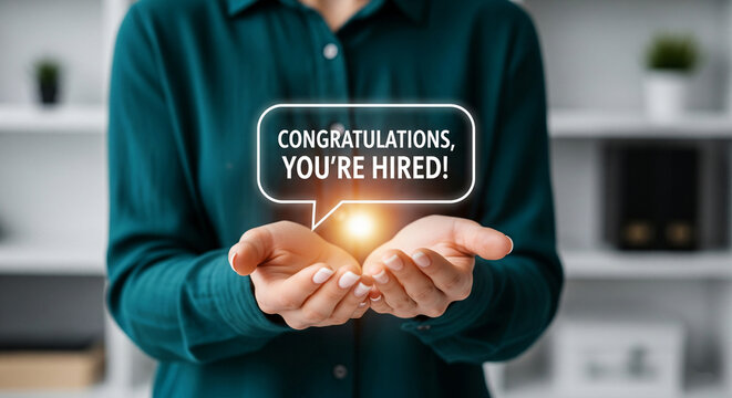 Close-up of hands holding a digital speech bubble with "Congratulations, you're hired!"  Illustrates job offer acceptance, success, and new beginnings in career