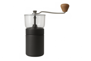 Manual coffee grinder with transparent glass container and wooden handle on transparent background