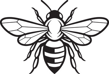 Bold, stylized black and white illustration of a bee, featuring graphic elements on its abdomen and detailed wings