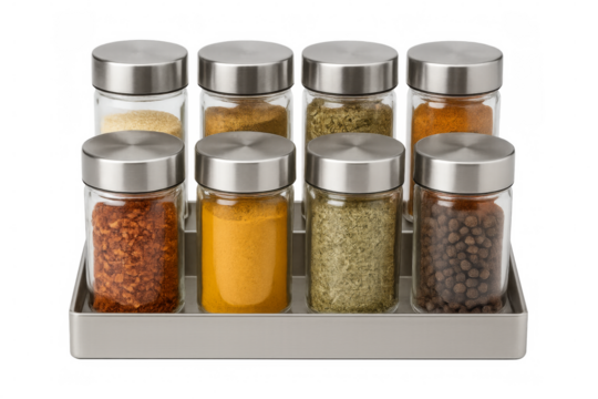 Glass spice jars with metal lids holding various spices on a tray with transparent background