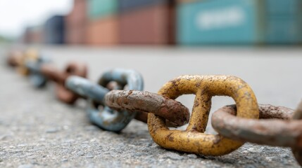 Close-up of rusty metal chain on concrete surface with blurred shipping containers