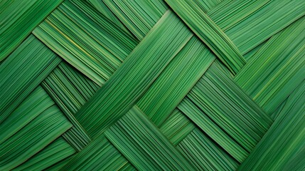 Close-up of intricately woven green palm leaves, showcasing natural texture and traditional craftsmanship in a vibrant, organic pattern.