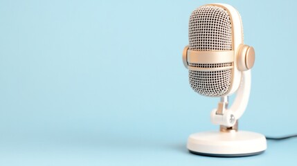 Vintage microphone on a blue background, perfect for podcasting, broadcasting, or music recordings. Ideal for creative projects.
