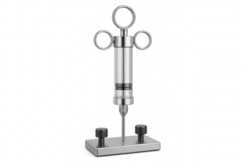Metal syringe standing on a metal base with transparent background