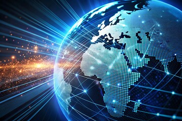 Obraz premium Global network connection: Digital earth with glowing lines and data streams
