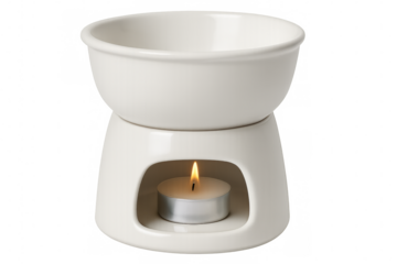 White chocolate fondue pot warmer with tealight candle burning on transparent background