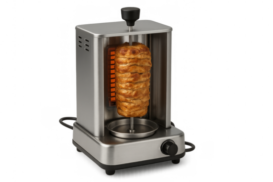 Vertical rotisserie grilling meat for shawarma or gyros on transparent background