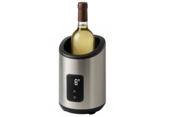 Wine cooler chilling white wine bottle at eight degrees celsius on transparent background