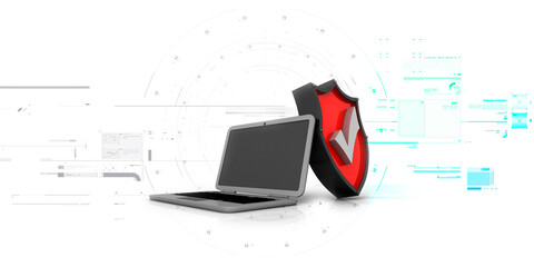laptop with shield. Isolated 3d rendering image
