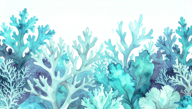 coral reef watercolor palette; bleached coral seafoam green storm-cloud gray marine texture