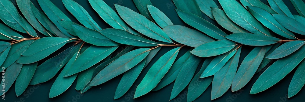 Poster a close-up image of a turquoise-colored leafy branch arranged on a matching background, highlighting