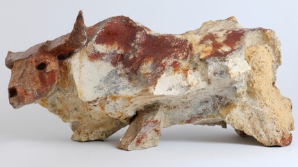Rustic stone bison sculpture with textured surface and natural colors