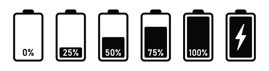 Battery level icon set. Charge status symbol with 0, 25, 50, 75 percent and charging sign. Power level indicator for app or UI. Transparent PNG and vector illustration.
