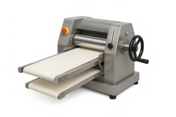 Industrial dough sheeter flattening dough on transparent background