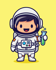  A cute cartoon vector illustration of an astronaut scientist, with a cheerful expression, holding a lab tube