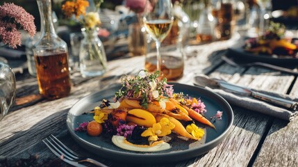 Elegant vegan dish featuring seasonal vegetables and organic ingredients at a farm-to-table event outdoor setting gourmet experience