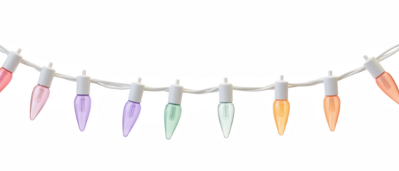 Colorful string lights create festive atmosphere, featuring pastel shades of purple, green, and orange. Perfect for celebrations and decorations