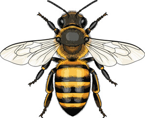 A detailed vector illustration of a bee against a pristine white background depicted with intricate details, showcasing its segmented body, fuzzy thorax, and translucent wings.