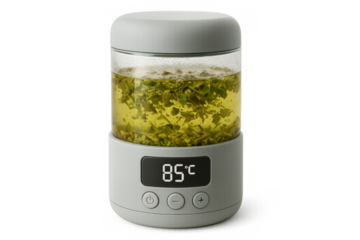 Electric tea infuser brewing green tea at 85 degrees celsius on transparent background