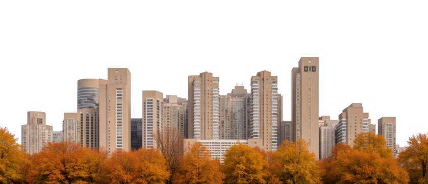Modern city skyline with autumn trees foreground, showcasing tall buildings and vibrant fall colors. scene evokes sense of urban beauty