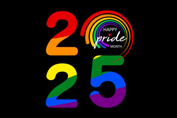 Pride month 2025 logo with rainbow flag. Banner Pride symbol, LGBT, sexual minorities, gays and lesbians. Background Love is love. Template designer sign, icon colorful rainbow isolated on black