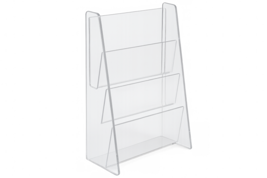 Empty acrylic brochure holder display stand with transparent background