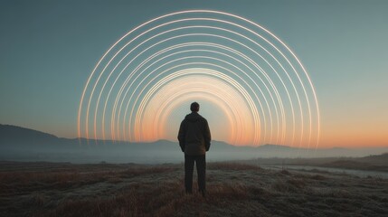 Silhouette of a young male in jacket facing glowing circular lights at sunrise in misty field