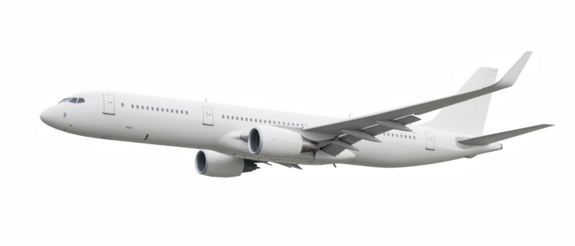 Sleek, modern airplane in flight, showcasing its aerodynamic design and white exterior. aircraft represents travel, adventure, and innovation