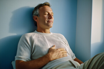 A man is laying on a couch with his hands on his stomach