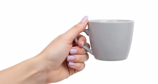 Hand holding gray coffee cup with smooth surface and minimalist design. soft pastel color of cup complements elegant hand