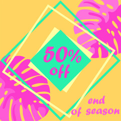 Typography yellow offer for summer seasonal sale with pink monstera leaves
