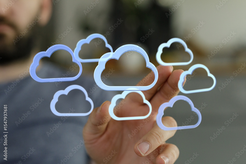 Poster Person interacts with digital cloud icons, representing cloud computing, data storage, and networking.