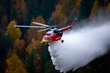 Helicopter performing aerial firefighting operations, releasing water over forested area, showcasing emergency response efforts in vibrant autumn landscape with colorful foliage