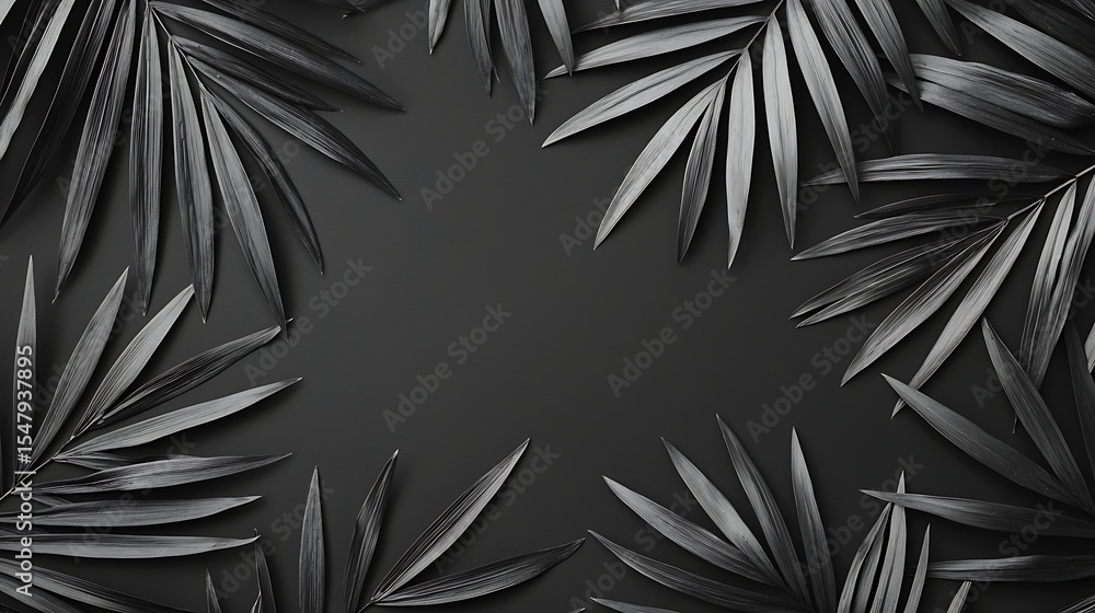 Poster black and white tropical palm leaves arranged in a symmetrical pattern on a dark background, creatin