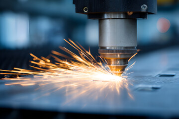 Laser cutting machine in action, producing bright sparks while cutting through metal sheet, showcasing precision engineering and advanced technology in a modern industrial environment