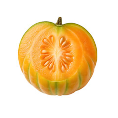 Freshly cut open pumpkin showing seeds and interior detail isolated on black background