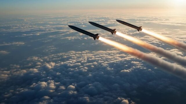 Missile formation flies above the clouds against a sunrise or sunset glow, leaving contrails, symbolizing military power and defense technology within the sphere of global security