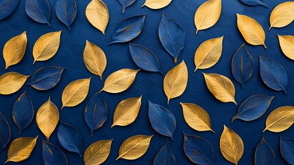 Blue and gold leaves arranged in a pattern on a dark blue background, creating a striking contrast and elegant decorative design.