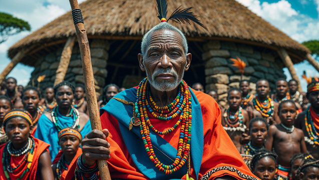 Portrait of an african elder in traditional attire with a community in the background