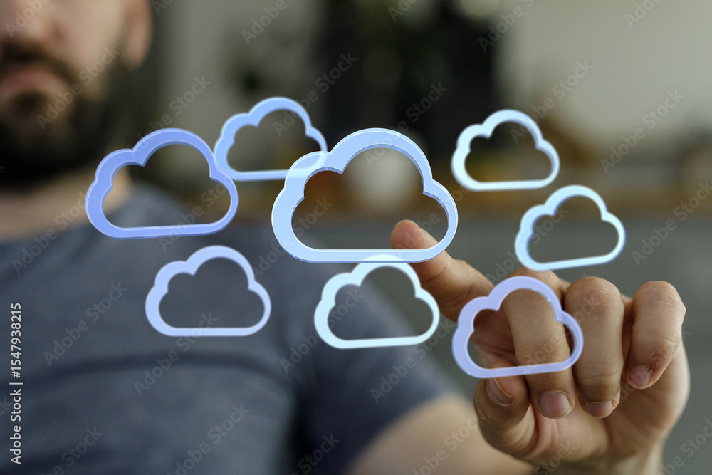 Aufkleber Image depicts a man interacting with digital cloud icons, representing cloud computing and data storage.