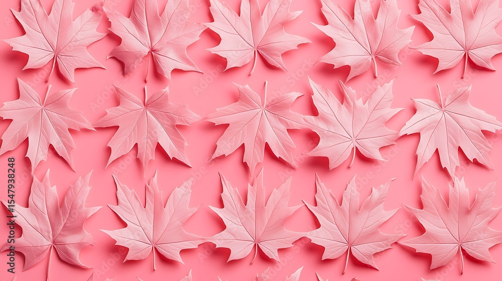 Aufkleber pink maple leaves arranged in a repetitive pattern on a matching pink background.