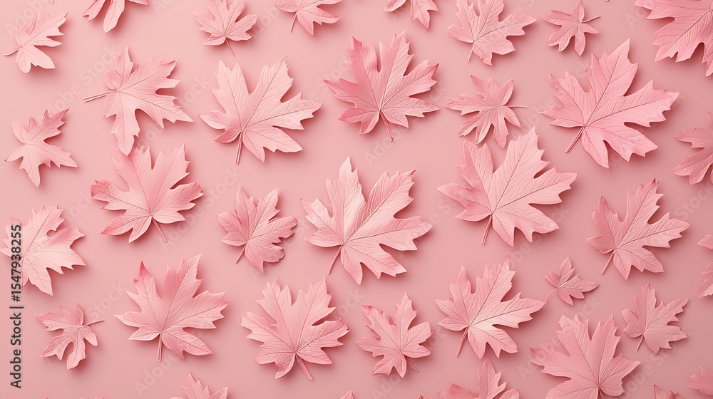 Poster pink-toned maple leaves arranged in a pattern on a matching pink background, creating a monochromati