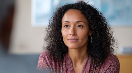 Thoughtful adult hispanic woman in a meeting setting
