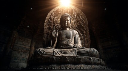 Fototapeta premium Majestic bronze buddha statue in sunlit temple interior