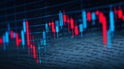 Financial market analysis with candlestick chart and data overlay