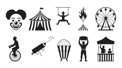 Black And White Circus Icons Set Clown Tent Trapeze Fire Ferris Wheel Unicyclist Cannon Popcorn Strongman Vendor