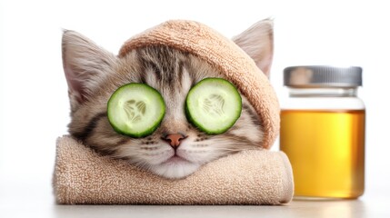 Funny kitten with slices of cucumber on it eyes and with towel on it head stands in front view. isolated on white background. Adorable feline playfully adorned with cool vegetable slices