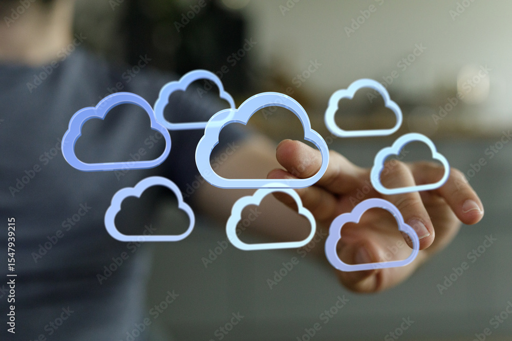 Poster Image depicts hand interacting with cloud icons, symbolizing secure cloud computing, data storage, and network access.