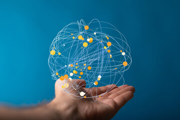 Hand holding a digital sphere, network connection, global communication, technology, innovation,...